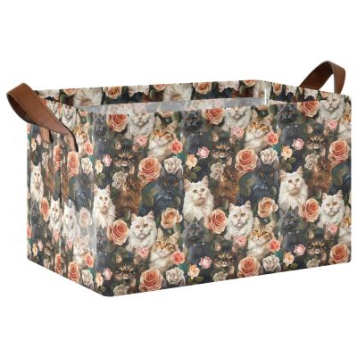 ALAZA Beautiful Cats Rose Rectangular Closet Storage Box Storage Bin Basket Storage Cube with Leather Handles Nursery Storage Laundry Hamper 2 Piece