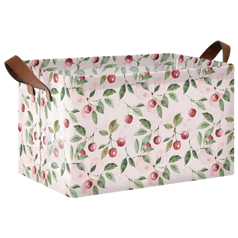 ALAZA Green Leaf Cherry Branch Rectangular Closet Storage Box Storage Bin Basket Storage Cube with Leather Handles Nursery Storage Laundry Hamper 2 Piece