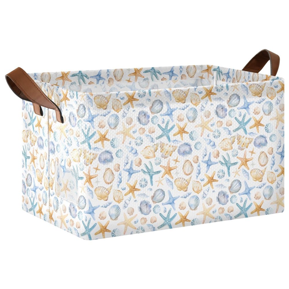 ALAZA Cute Seashell Starfish White Rectangular Closet Storage Box Storage Bin Basket Storage Cube with Leather Handles Nursery Storage Laundry Hamper 2 Piece