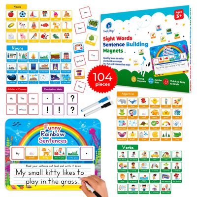 104 PCS Sentence Building for Kids, Sentence Building Magnets Kit, Learn to Read, Speech Speak Spell Games, Kids Vocabulary Builder, Sentence Building Games, Sight Word Magnets Games - Simply Magic