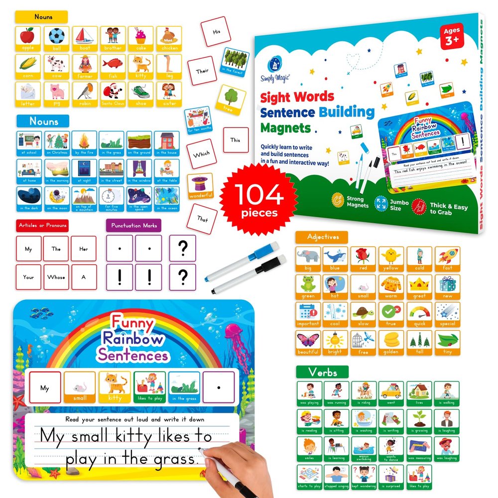 104 PCS Sentence Building for Kids, Sentence Building Magnets Kit, Learn to Read, Speech Speak Spell Games, Kids Vocabulary Builder, Sentence Building Games, Sight Word Magnets Games - Simply Magic