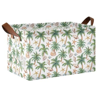 ALAZA Seashell Palm Tree Starfish White Rectangular Closet Storage Box Storage Bin Basket Storage Cube with Leather Handles Nursery Storage Laundry Hamper 2 Piece