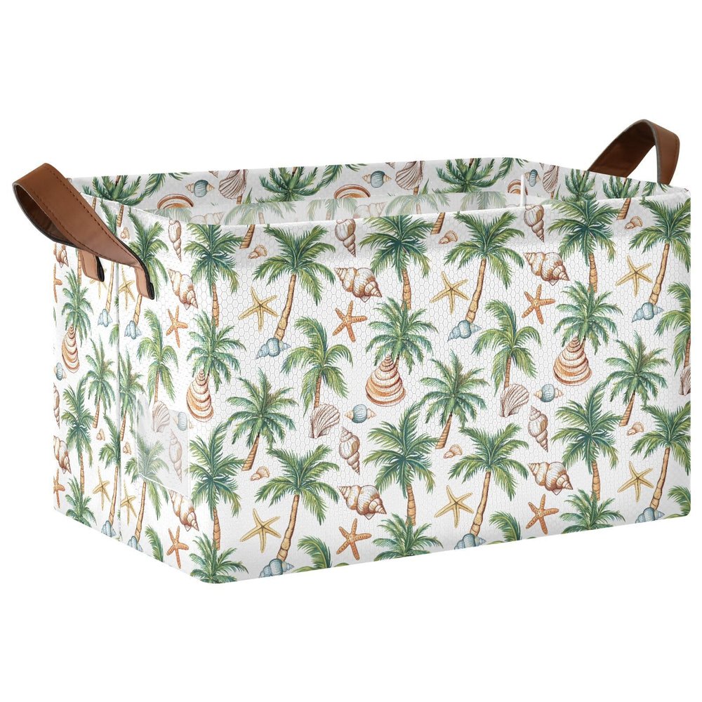 ALAZA Seashell Palm Tree Starfish White Rectangular Closet Storage Box Storage Bin Basket Storage Cube with Leather Handles Nursery Storage Laundry Hamper 2 Piece