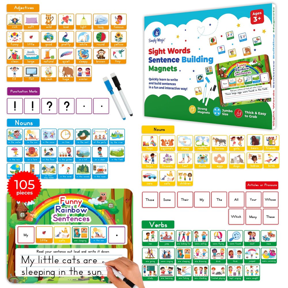 105 PCS Sentence Building Kit for Kids, Sight Word Magnets, Word Magnets for Fridge, Speak and Spell, Speech Therapy Toys for Toddlers 3-4, Classroom Must Haves for Learning to Read - Simply Magic
