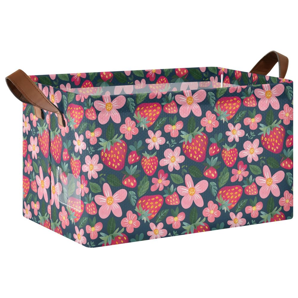 ALAZA Cartoon Strawberry Blossom Leaf Rectangular Closet Storage Box Storage Bin Basket Storage Cube with Leather Handles Nursery Storage Laundry Hamper 2 Piece