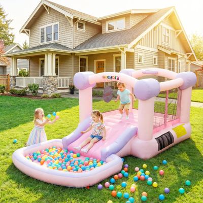 Pink Bounce House for Kids with Air Blower, 13 x 7 FT Inflatable Bouncer with Big Ball Pit/Water Pool,Indoor & Outdoor Bouncy Castle with Ocean Balls for Party Kids Birthday Party, Easy to Install