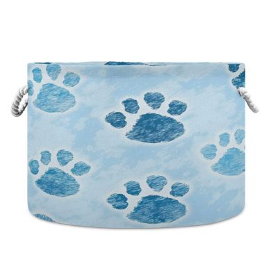 KJIZMO Blue Dog Paw Prints Large Round Storage Basket with Handle, Collapsible Decorative Laundry Baskets for Blanket, Cotton Rope Organizer Towels Nursery Hamper Bin, 20" x 14"