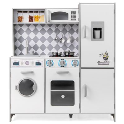 Costzon Play Kitchen for Kids, Wooden Toy Kitchen Set with Ice Maker, Faucet, Sink, Accessories, Pretend Cooking Toy for Toddlers, Kids Kitchen Playset with Sounds & Lights, Gift for Ages 3+