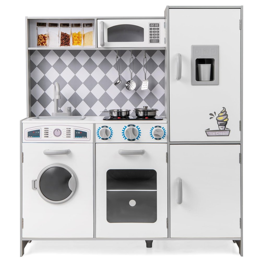 Costzon Play Kitchen for Kids, Wooden Toy Kitchen Set with Ice Maker, Faucet, Sink, Accessories, Pretend Cooking Toy for Toddlers, Kids Kitchen Playset with Sounds & Lights, Gift for Ages 3+