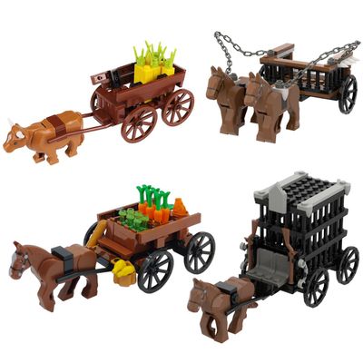 4 Kind of Medieval Carriage Building Blocks,Ancient Grain Horsecart Oxcart Bricks Set,Medieval Prisoner Soldier Vehicles Building Set,MOC Medieval Castle Accessories Suitable for The Leading Brand