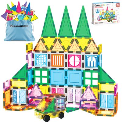 PicassoTiles 101 Piece Magnetic Tile Building Blocks Set with Durable Storage Bag STEM Educational Construction Magnet Toy Kit for Toddlers Preschool Kids Boys Girls Age 3 Plus Indoor Learning PT06
