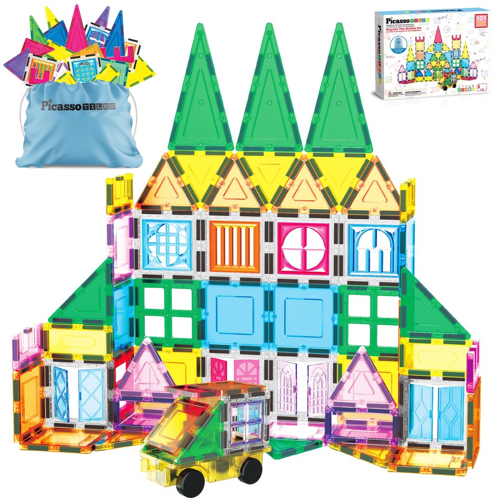 PicassoTiles 101 Piece Magnetic Tile Building Blocks Set with Durable Storage Bag STEM Educational Construction Magnet Toy Kit for Toddlers Preschool Kids Boys Girls Age 3 Plus Indoor Learning PT06