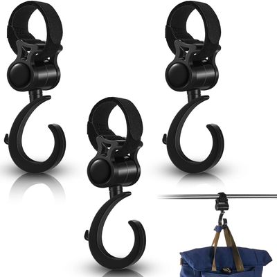 4Pcs Black Walker Hook Hanging Multipurpose 360 Rotation Stroller Clip Diaper Bag Hanger for Walker Rollator Crutches Wheelchair Shopping Cart Car Back Seat Purses Bike Wheelchair Pushchair