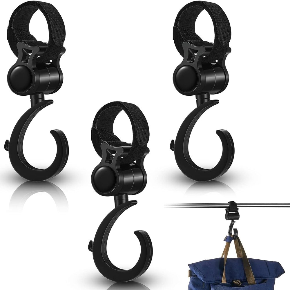 4Pcs Black Walker Hook Hanging Multipurpose 360 Rotation Stroller Clip Diaper Bag Hanger for Walker Rollator Crutches Wheelchair Shopping Cart Car Back Seat Purses Bike Wheelchair Pushchair