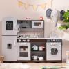 Costzon Kids Kitchen Playset,2-Piece Wooden Modular Pretend Toy Playset w/Sounds & Lights, Washing Machine, Range Hood, Ice Maker, Blackboard, Play Telephone, Play Kitchen for Kids Ages 3+ (Brown) view 1