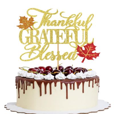 YQLXDHBD Thankful Grateful Blessed Cake Topper,Thanksgiving Cake Decor,Glitter Maple Leaf Pumpkin Fall Theme Cake Picks,Happy Thanksgiving Day Theme Birthday Party Cake Decorations