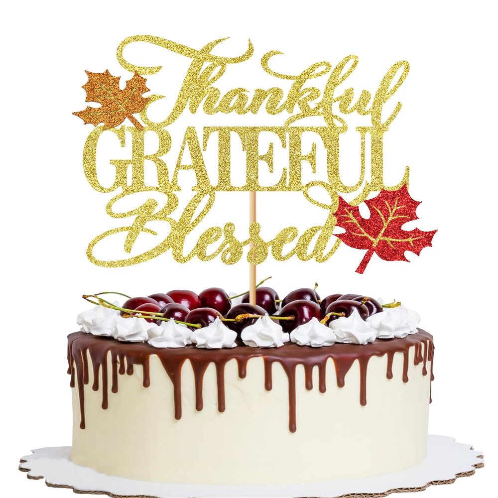 YQLXDHBD Thankful Grateful Blessed Cake Topper,Thanksgiving Cake Decor,Glitter Maple Leaf Pumpkin Fall Theme Cake Picks,Happy Thanksgiving Day Theme Birthday Party Cake Decorations