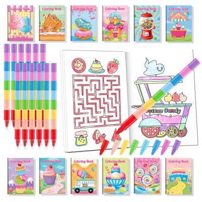 BenLouis 24 Sweet Mini Coloring Books Kids with 24 Stacking Crayons Candyland Donut Party Favors Activity Books Bulk for Kids Ice Cream Birthday Goodie Bag Gift Stuffer Classroom Reward