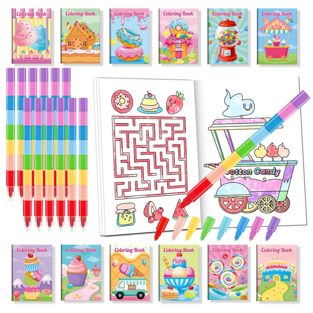 BenLouis 24 Sweet Mini Coloring Books Kids with 24 Stacking Crayons Candyland Donut Party Favors Activity Books Bulk for Kids Ice Cream Birthday Goodie Bag Gift Stuffer Classroom Reward