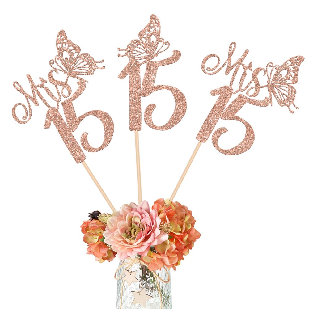 12 Pack Mis 15 Centerpiece Sticks, Happy 15th Birthday Party Decorations, Hello 15 Fabulous Table Toppers, Cheers to 15 Years Old Birthday Anniversary Party Decotations Rose Gold