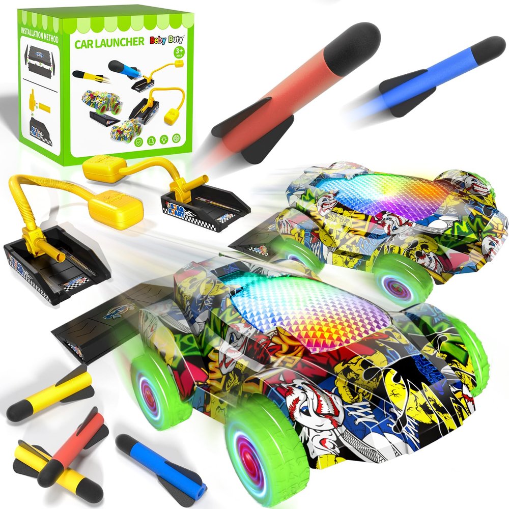 Beby Buty Indoor Outdoor Car Launcher Toys for Kids Boys, Rocket & Cars Launcher Toys Include 6 Foam Rockets & 2 Cars, Ideas 3 4 5 6 Years Boys Toys Birthday Gifts, Outdoor Toys for Kids Ages 3-5 4-8