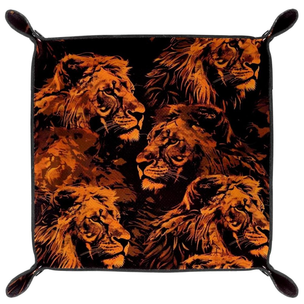 African Lion Print Microfiber Leather Dice Trays Folding for RPG DND Table Games, Leather Dice Holder Storage Box Portable Folding Rolling Dice Tray, 16x16cm