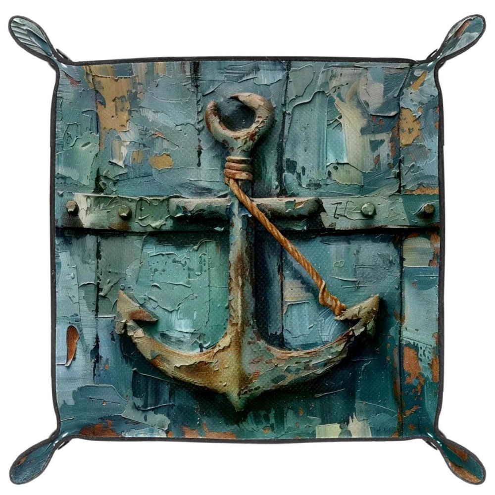 Anchor Paiting Microfiber Leather Dice Trays Folding for RPG DND Table Games, Leather Dice Holder Storage Box Portable Folding Rolling Dice Tray, 20.5x20.5cm