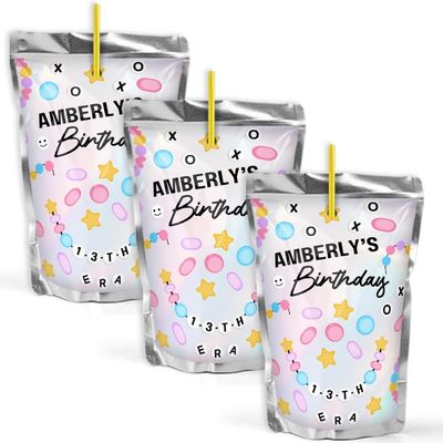 Girls Personalized Birthday Era Inspired Friendship Bracelet Themed Juice Pouch Drink Labels, Teen Party Favors Sticker, Bracelet Party Decorations, Sleepover Party Decorations, Slumber Party Supplies