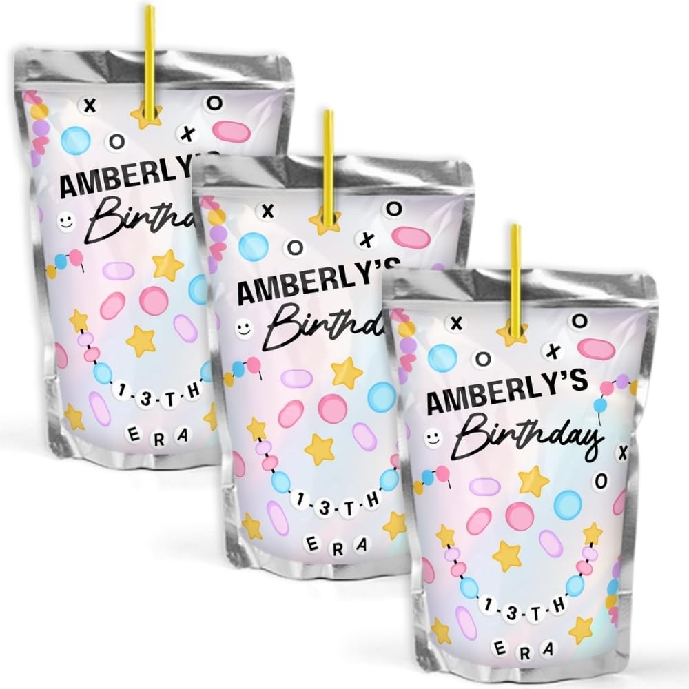 Girls Personalized Birthday Era Inspired Friendship Bracelet Themed Juice Pouch Drink Labels, Teen Party Favors Sticker, Bracelet Party Decorations, Sleepover Party Decorations, Slumber Party Supplies