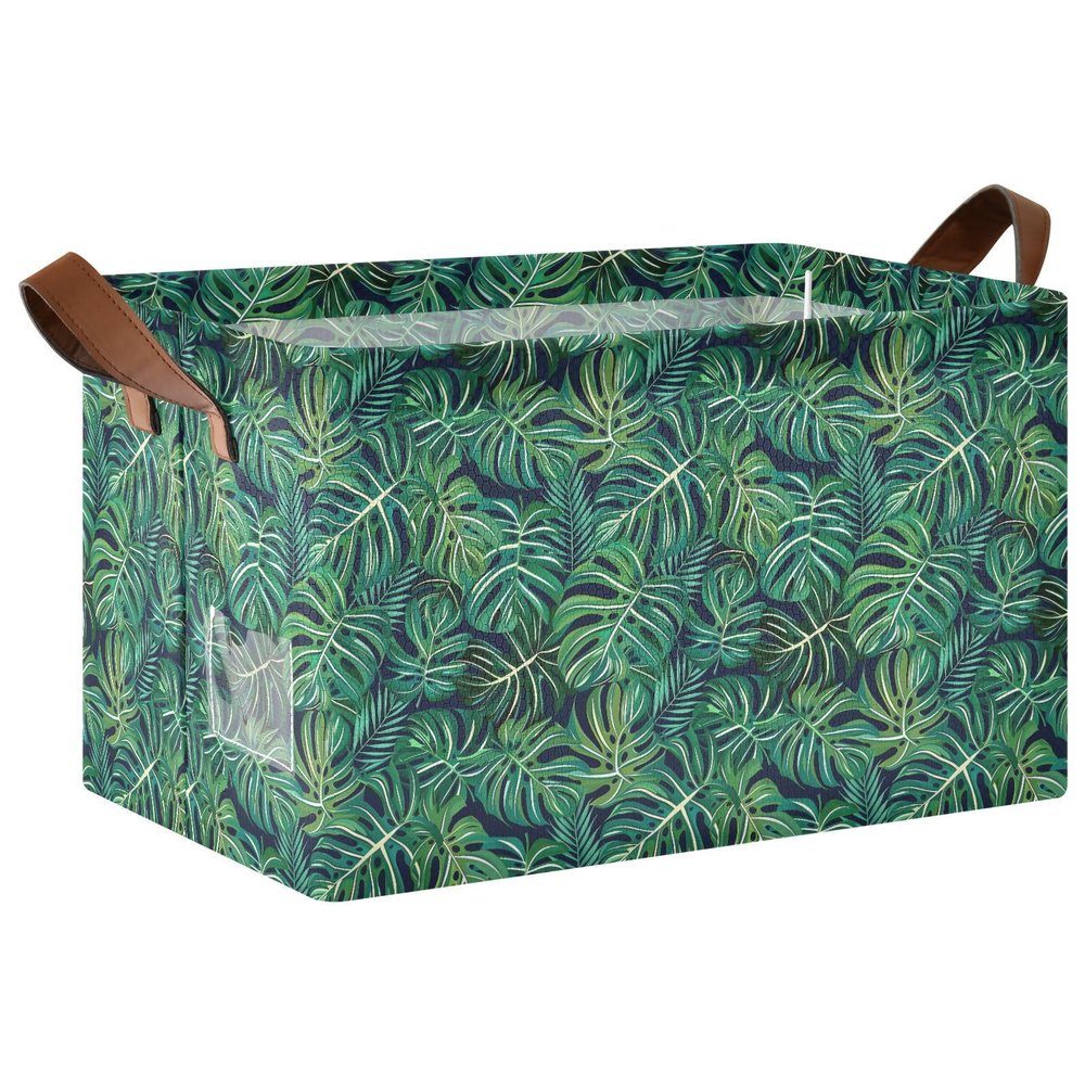 ALAZA Tropical Palm Leaf Rectangular Closet Storage Box Storage Bin Basket Storage Cube with Leather Handles Nursery Storage Laundry Hamper 2 Piece
