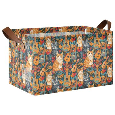 ALAZA Colorful Cat Guitar Palm Leaf Rectangular Closet Storage Box Storage Bin Basket Storage Cube with Leather Handles Nursery Storage Laundry Hamper 2 Piece