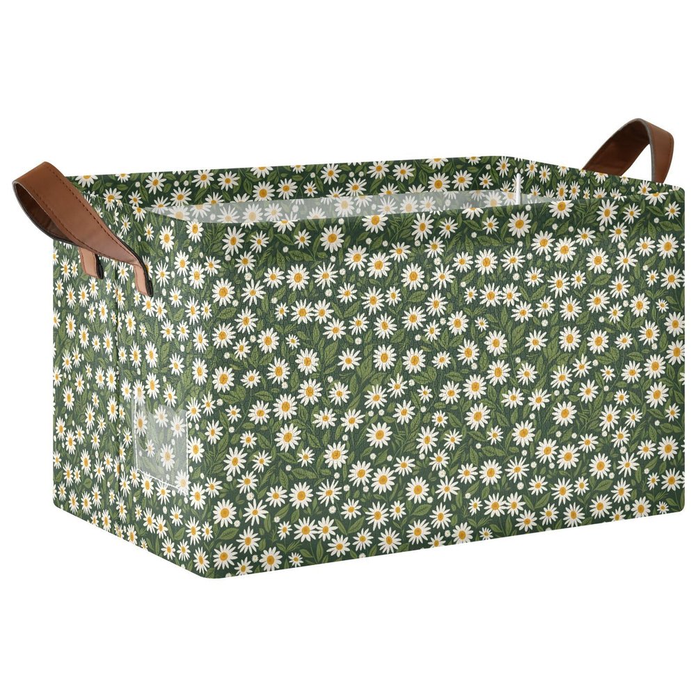 ALAZA Daisy Leaf Blossom Floral Rectangular Closet Storage Box Storage Bin Basket Storage Cube with Leather Handles Nursery Storage Laundry Hamper 2 Piece