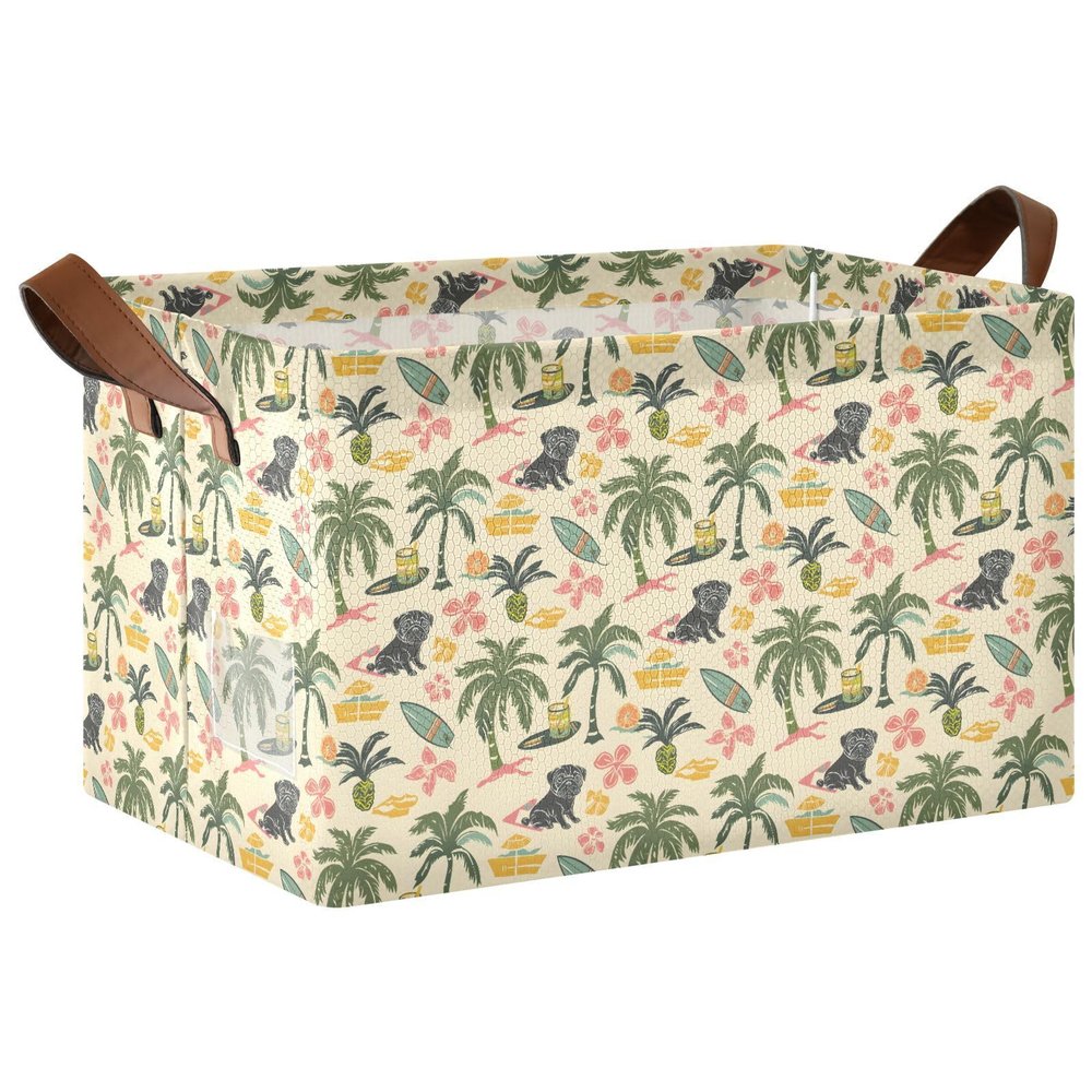 ALAZA Black Pug Palm Tree Pineapple Rectangular Closet Storage Box Storage Bin Basket Storage Cube with Leather Handles Nursery Storage Laundry Hamper 2 Piece