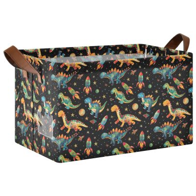 ALAZA Colorful Space Dinosaur Star Rectangular Closet Storage Box Storage Bin Basket Storage Cube with Leather Handles Nursery Storage Laundry Hamper 2 Piece