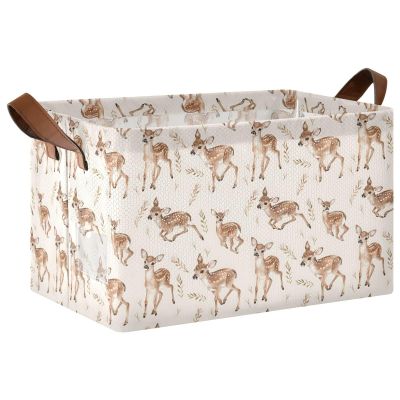 ALAZA Deer Leaf Retro Rectangular Closet Storage Box Storage Bin Basket Storage Cube with Leather Handles Nursery Storage Laundry Hamper 2 Piece