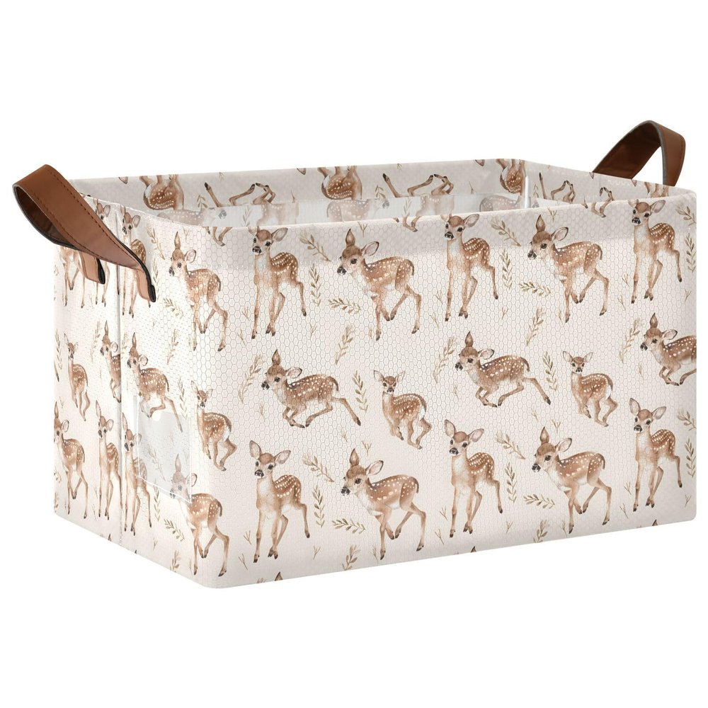 ALAZA Deer Leaf Retro Rectangular Closet Storage Box Storage Bin Basket Storage Cube with Leather Handles Nursery Storage Laundry Hamper 2 Piece