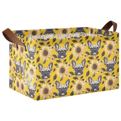 ALAZA Bulldog Sunflower Rectangular Closet Storage Box Storage Bin Basket Storage Cube with Leather Handles Nursery Storage Laundry Hamper 2 Piece