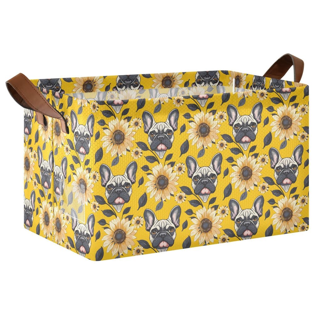 ALAZA Bulldog Sunflower Rectangular Closet Storage Box Storage Bin Basket Storage Cube with Leather Handles Nursery Storage Laundry Hamper 2 Piece