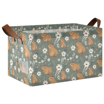 ALAZA Capybara Flower Leaf Rectangular Closet Storage Box Storage Bin Basket Storage Cube with Leather Handles Nursery Storage Laundry Hamper 2 Piece