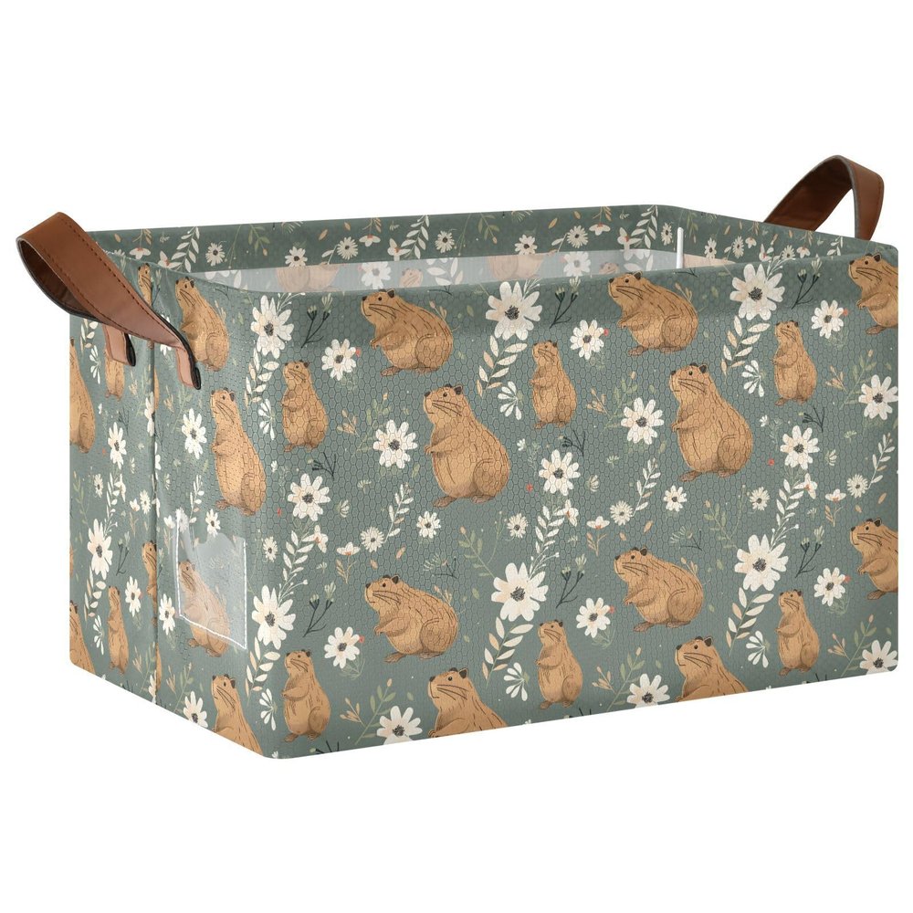 ALAZA Capybara Flower Leaf Rectangular Closet Storage Box Storage Bin Basket Storage Cube with Leather Handles Nursery Storage Laundry Hamper 2 Piece