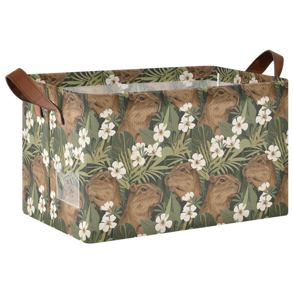 ALAZA Capybara Flower Leaf Blossom Rectangular Closet Storage Box Storage Bin Basket Storage Cube with Leather Handles Nursery Storage Laundry Hamper 2 Piece