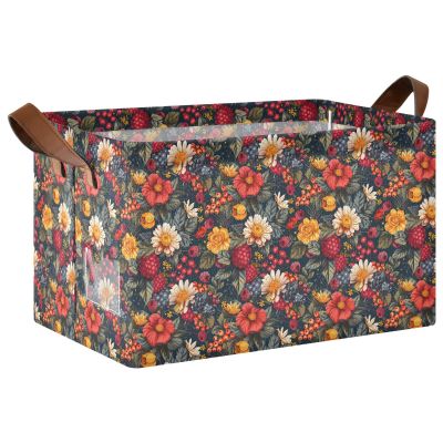 ALAZA Berry Fruit Leaf Blossom Rectangular Closet Storage Box Storage Bin Basket Storage Cube with Leather Handles Nursery Storage Laundry Hamper 2 Piece