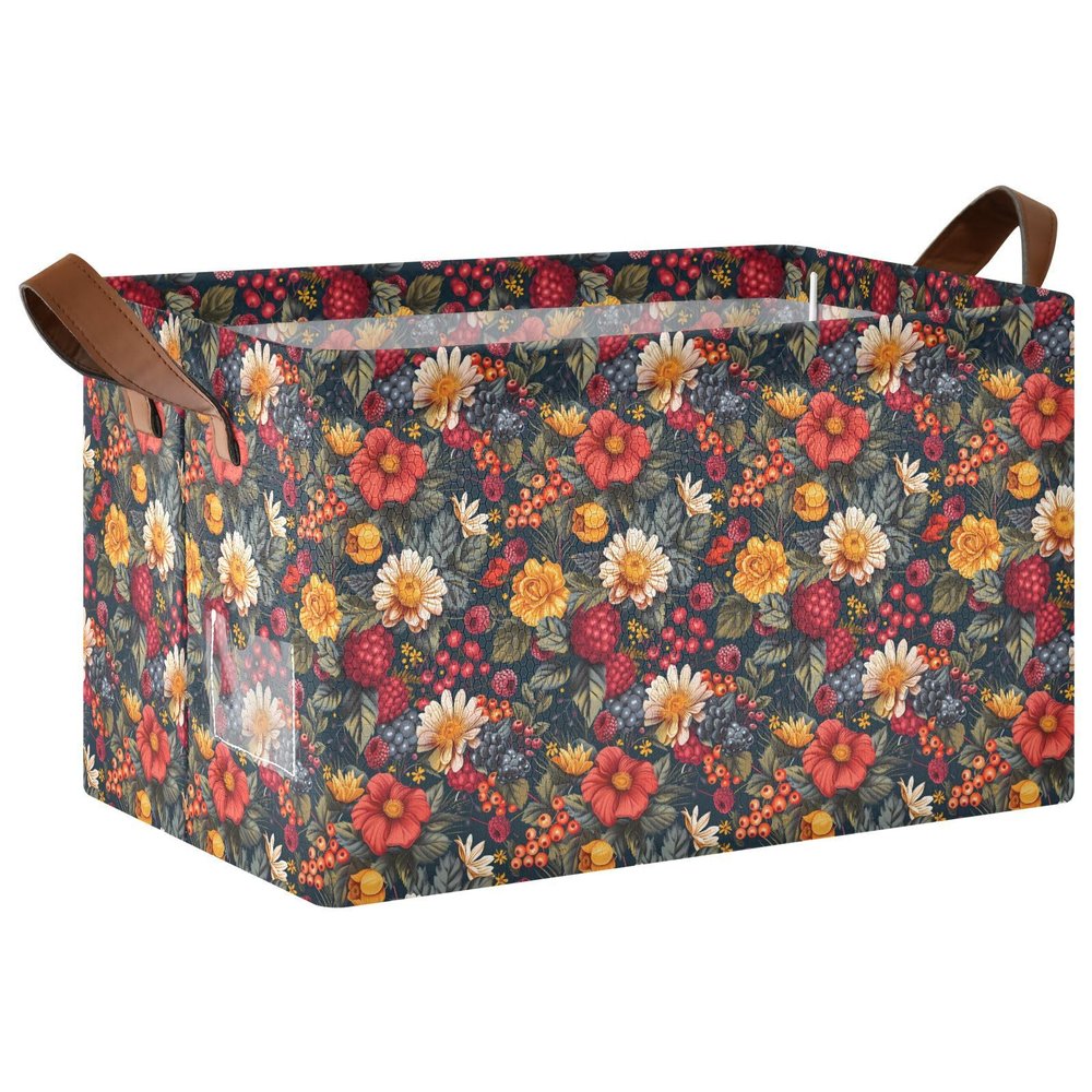 ALAZA Berry Fruit Leaf Blossom Rectangular Closet Storage Box Storage Bin Basket Storage Cube with Leather Handles Nursery Storage Laundry Hamper 2 Piece