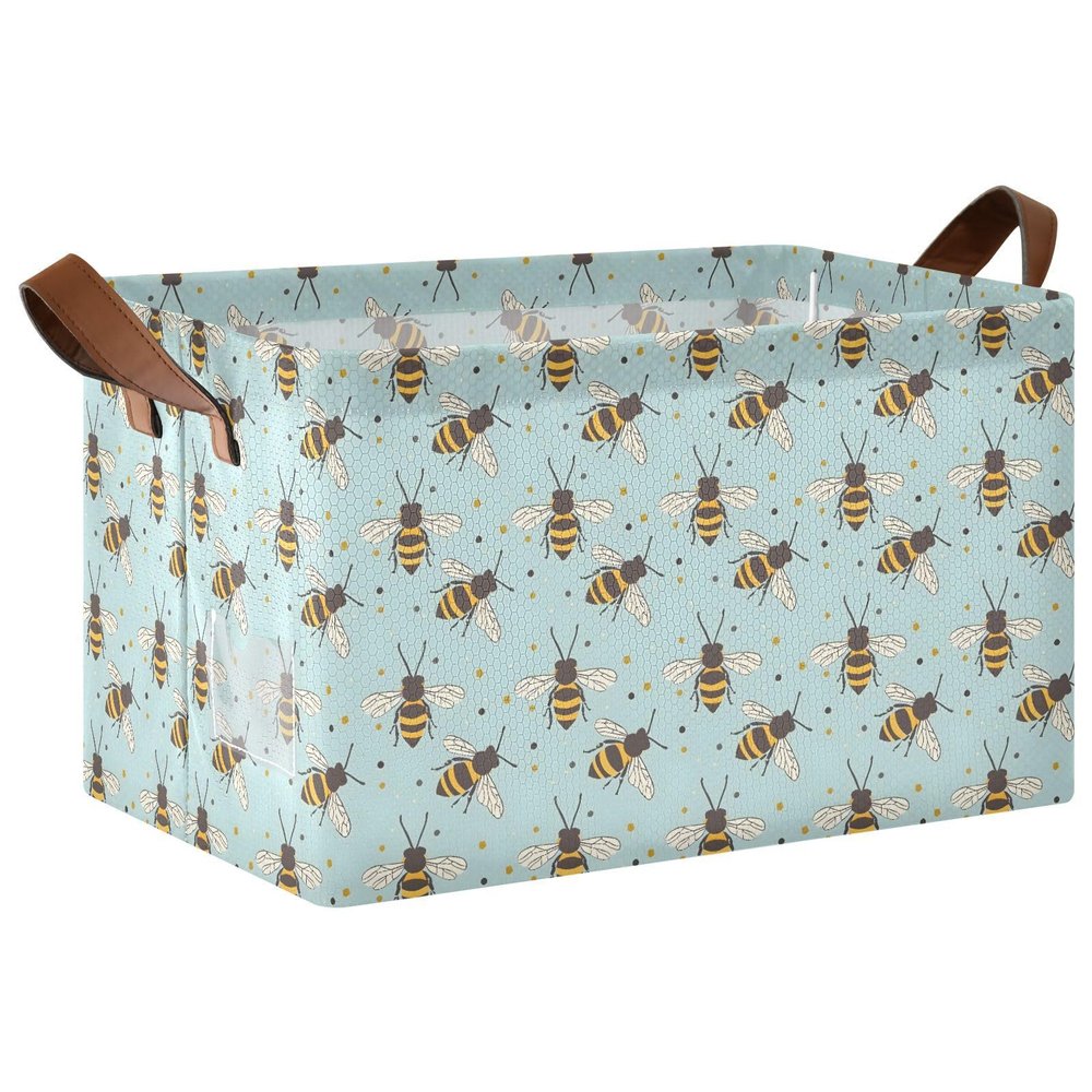 ALAZA Bee Polka Dot Blue Rectangular Closet Storage Box Storage Bin Basket Storage Cube with Leather Handles Nursery Storage Laundry Hamper 2 Piece