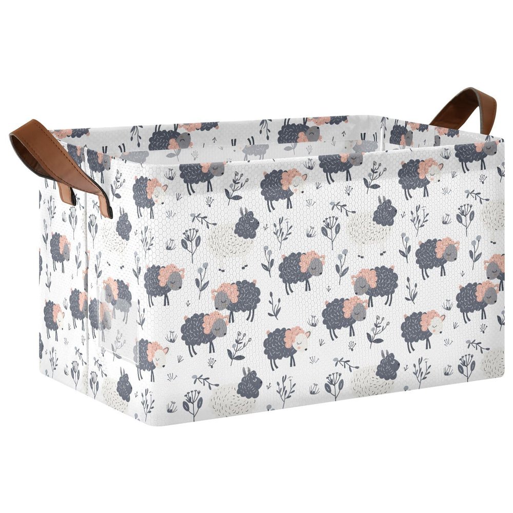 ALAZA Cartoon Animals Sheep Leaf Rectangular Closet Storage Box Storage Bin Basket Storage Cube with Leather Handles Nursery Storage Laundry Hamper 2 Piece