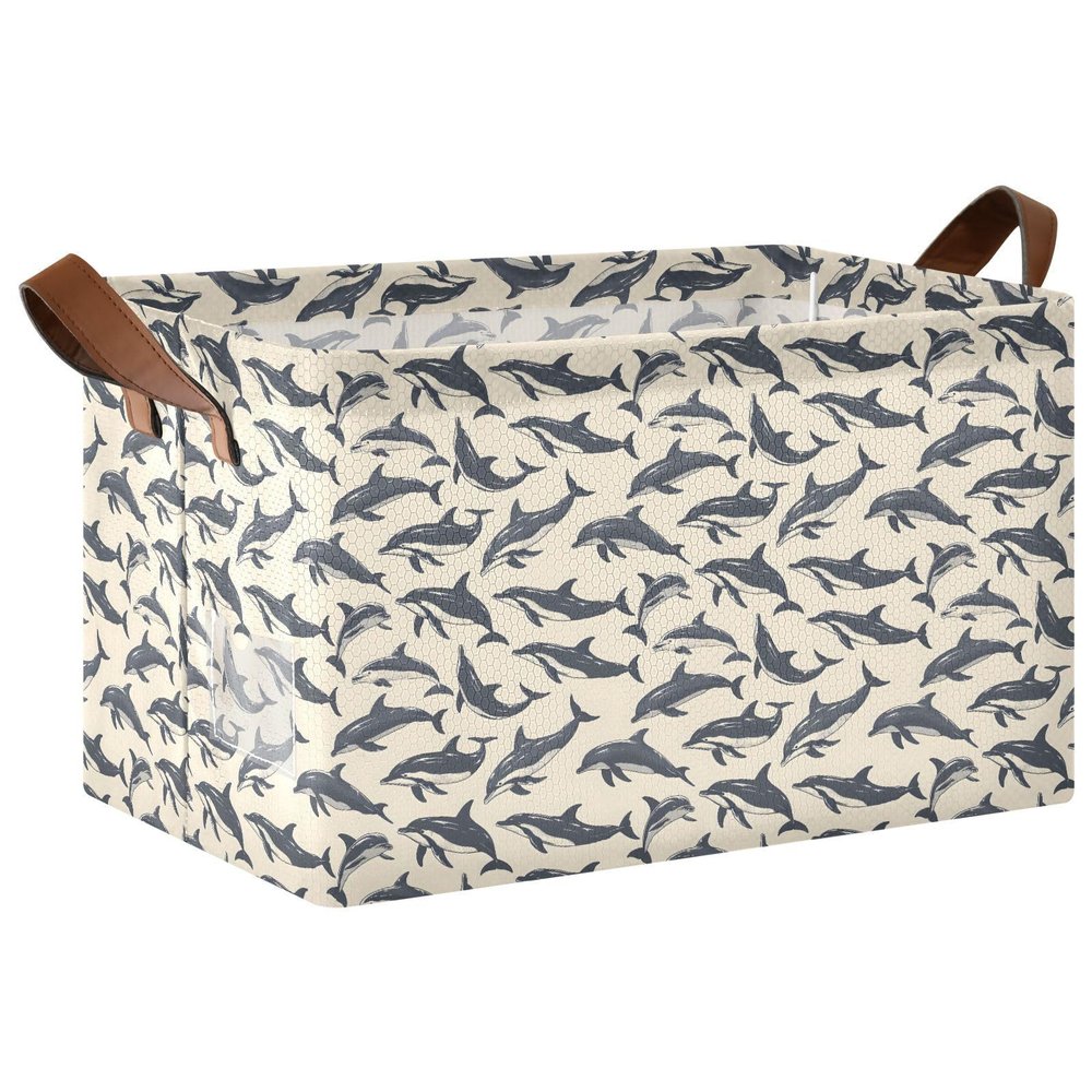 ALAZA Dolphin Fish Retro Rectangular Closet Storage Box Storage Bin Basket Storage Cube with Leather Handles Nursery Storage Laundry Hamper 2 Piece