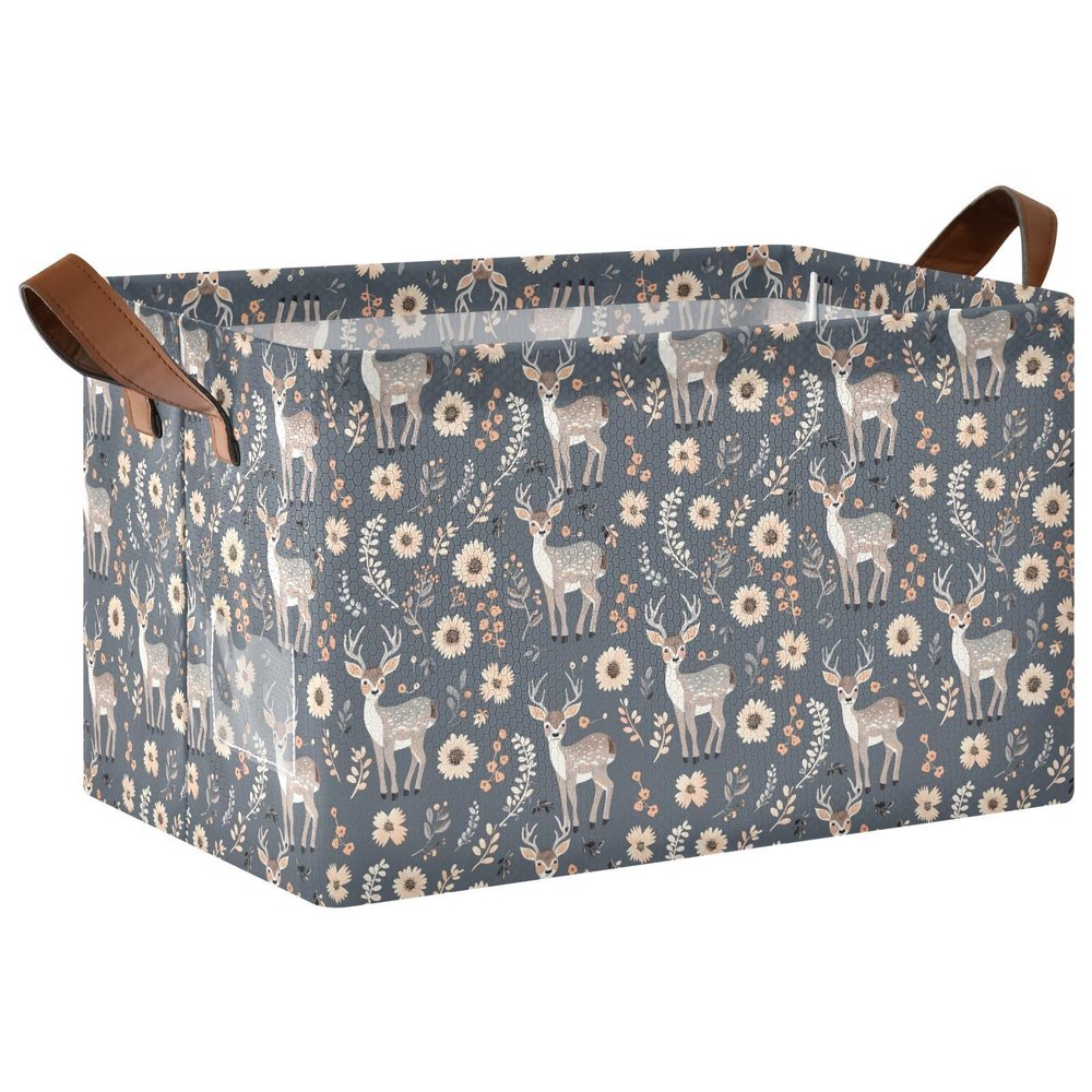 ALAZA Deer Blossom Flowers Rectangular Closet Storage Box Storage Bin Basket Storage Cube with Leather Handles Nursery Storage Laundry Hamper 2 Piece