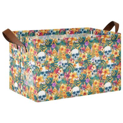 ALAZA Tropical Flower Skull Blossom Rectangular Closet Storage Box Storage Bin Basket Storage Cube with Leather Handles Nursery Storage Laundry Hamper 2 Piece