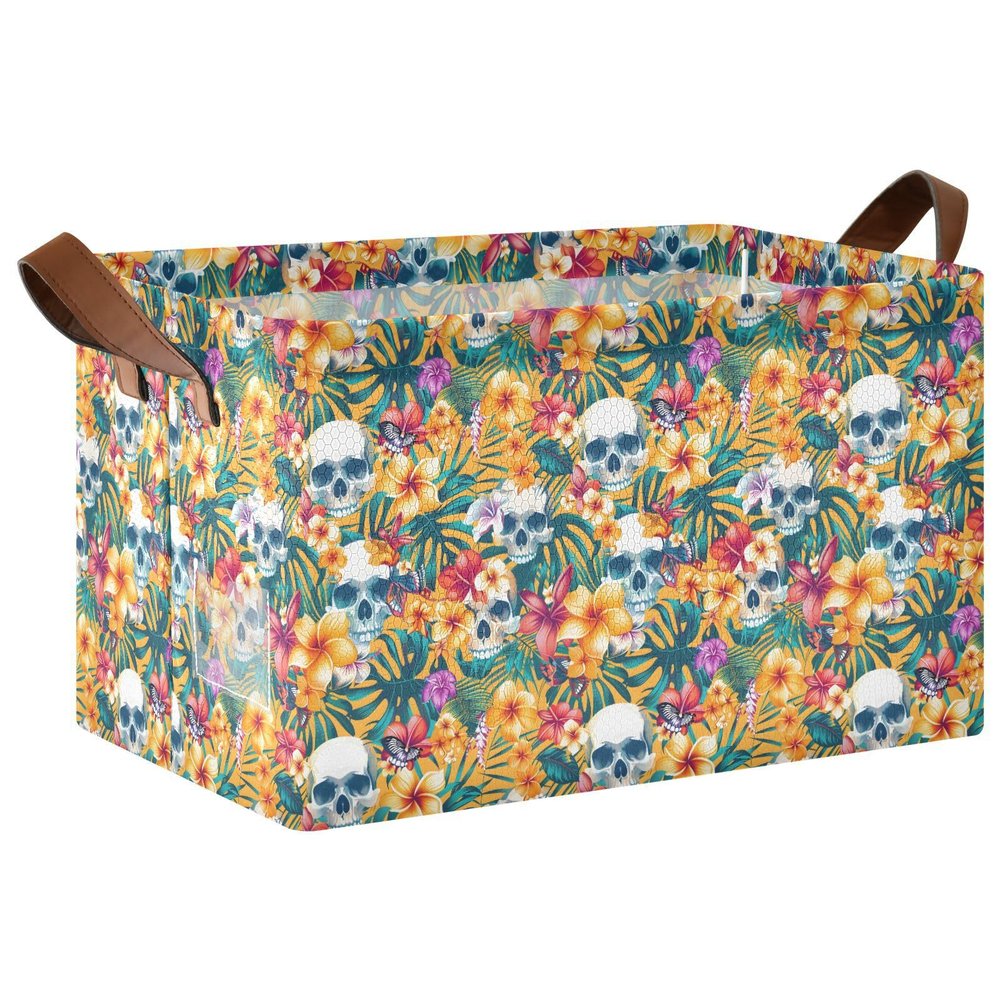 ALAZA Tropical Flower Skull Blossom Rectangular Closet Storage Box Storage Bin Basket Storage Cube with Leather Handles Nursery Storage Laundry Hamper 2 Piece