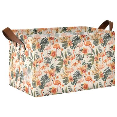 ALAZA Colorful Leaf Flamingos Rectangular Closet Storage Box Storage Bin Basket Storage Cube with Leather Handles Nursery Storage Laundry Hamper 2 Piece